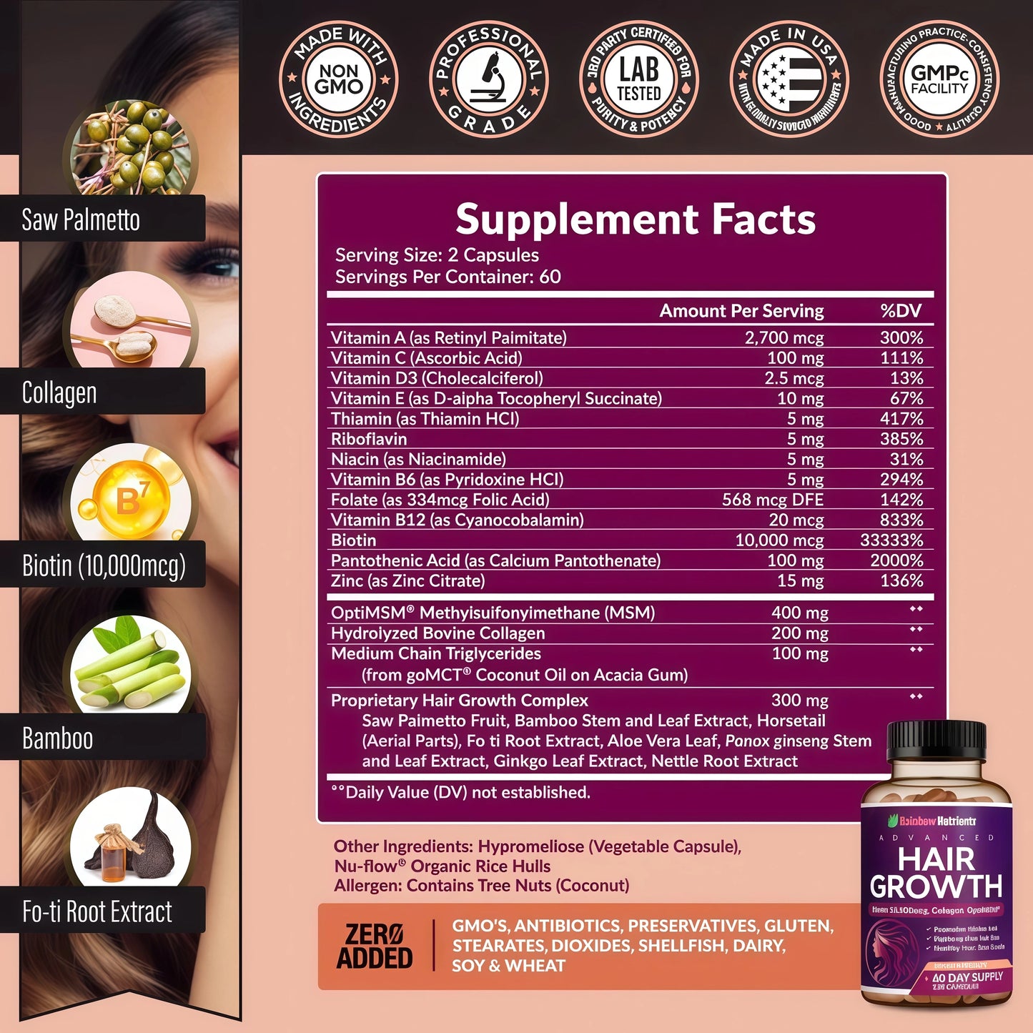Hair Growth Vitamins for Women | Biotin 10,000mcg, Collagen, Patented OptiMSM®, goMCT®, Saw Palmetto | Naturally Regrow Stronger & Healthier Hair, Skin and Nails | Stops Hair Loss