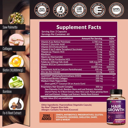 Hair Growth Vitamins for Women | Biotin 10,000mcg, Collagen, Patented OptiMSM®, goMCT®, Saw Palmetto | Naturally Regrow Stronger & Healthier Hair, Skin and Nails | Stops Hair Loss
