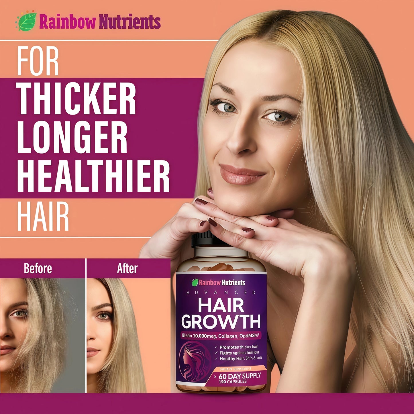 Hair Growth Vitamins for Women | Biotin 10,000mcg, Collagen, Patented OptiMSM®, goMCT®, Saw Palmetto | Naturally Regrow Stronger & Healthier Hair, Skin and Nails | Stops Hair Loss